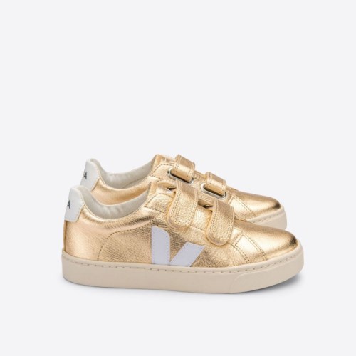 Veja Esplar Velcro Chromefree Leather Kids Trainers Gold UK 96688